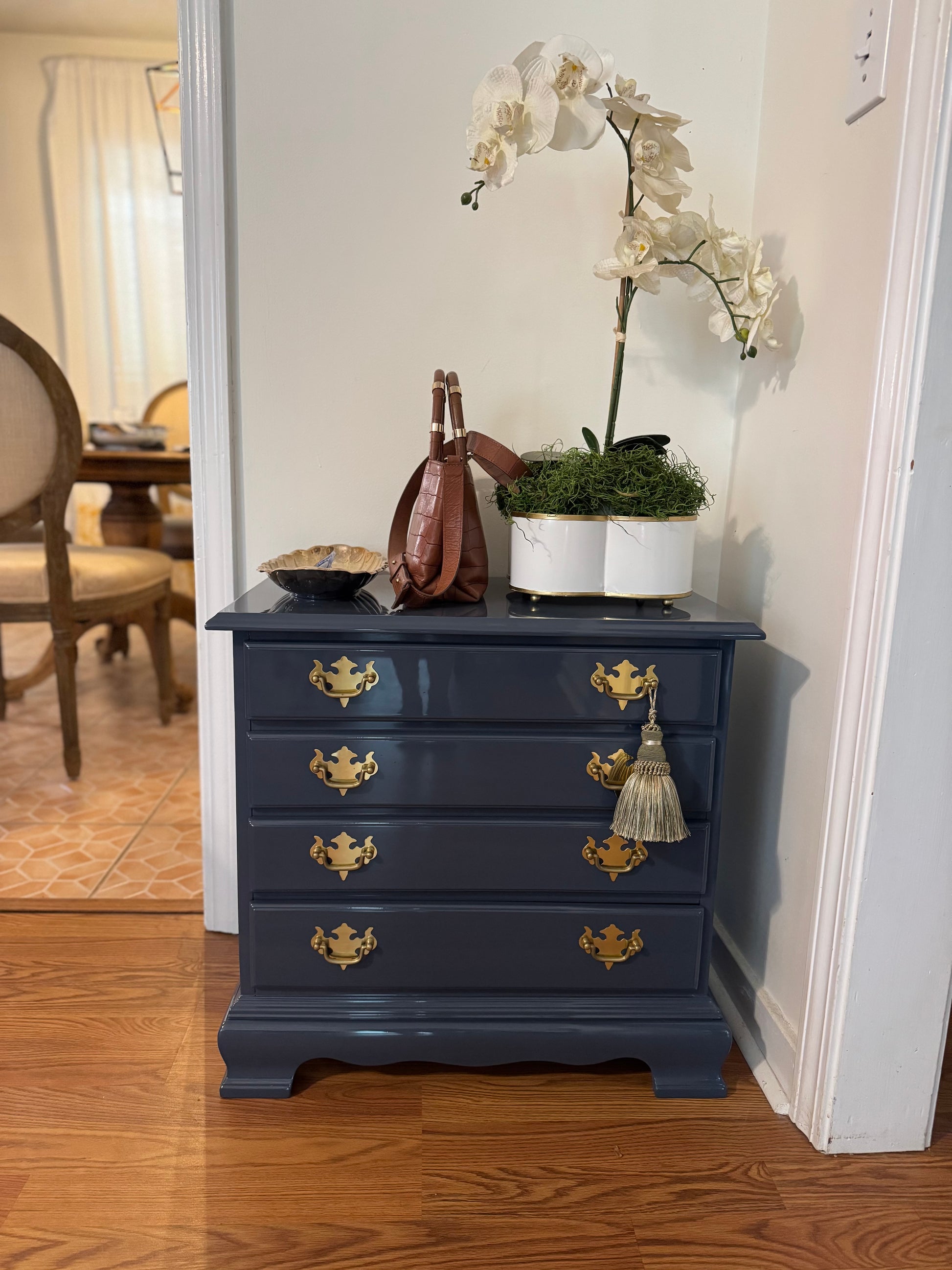 Navy high gloss lacquered small chest or nightstand 
