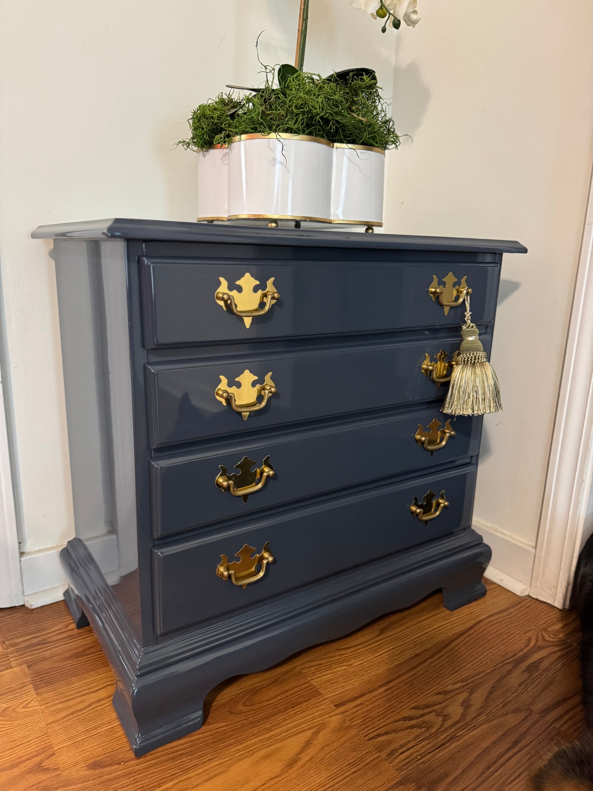Navy high gloss lacquered small chest or nightstand 