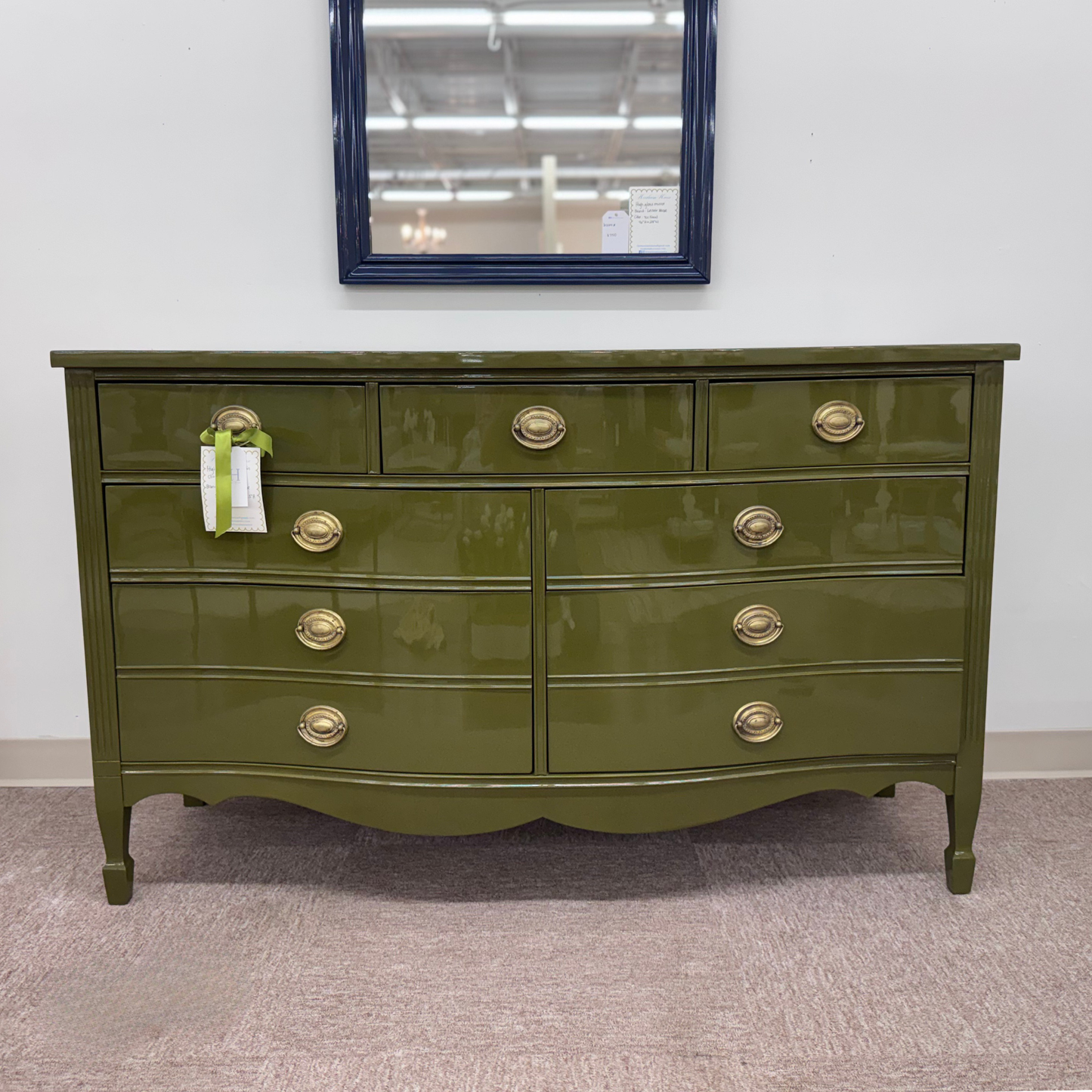 Olive green high gloss lacquered serpentine dresser